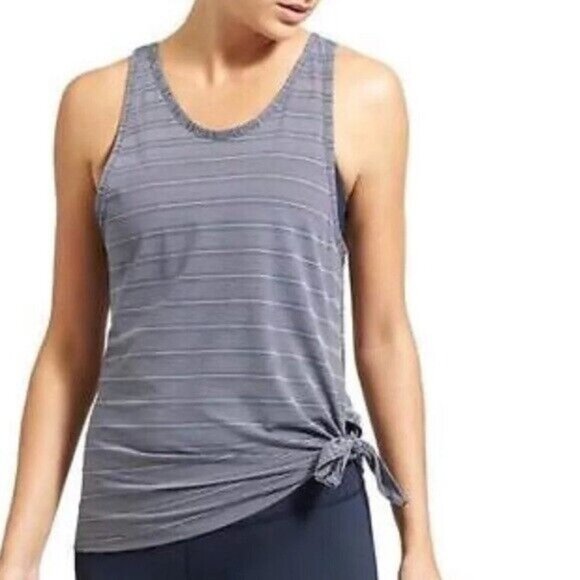 Athleta Max Out Blue Striped Tank Top Low Back Side Tie Sleeveless Tee Womens XS - Picture 1 of 12